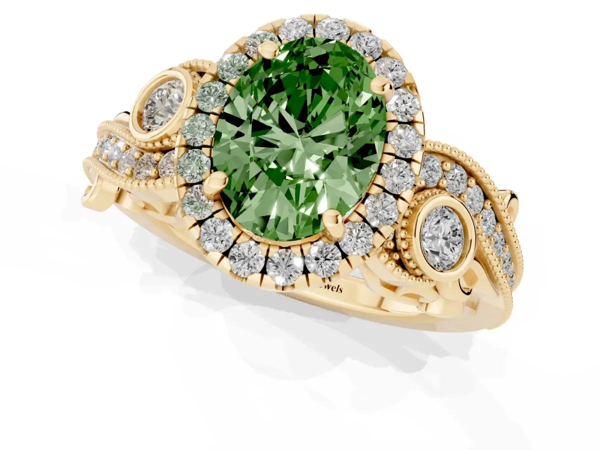 Fancy Green Oval Cut Halo Diamond Ring with Milgrain and Bezel Accents on a Split Shank Band Yellow gold