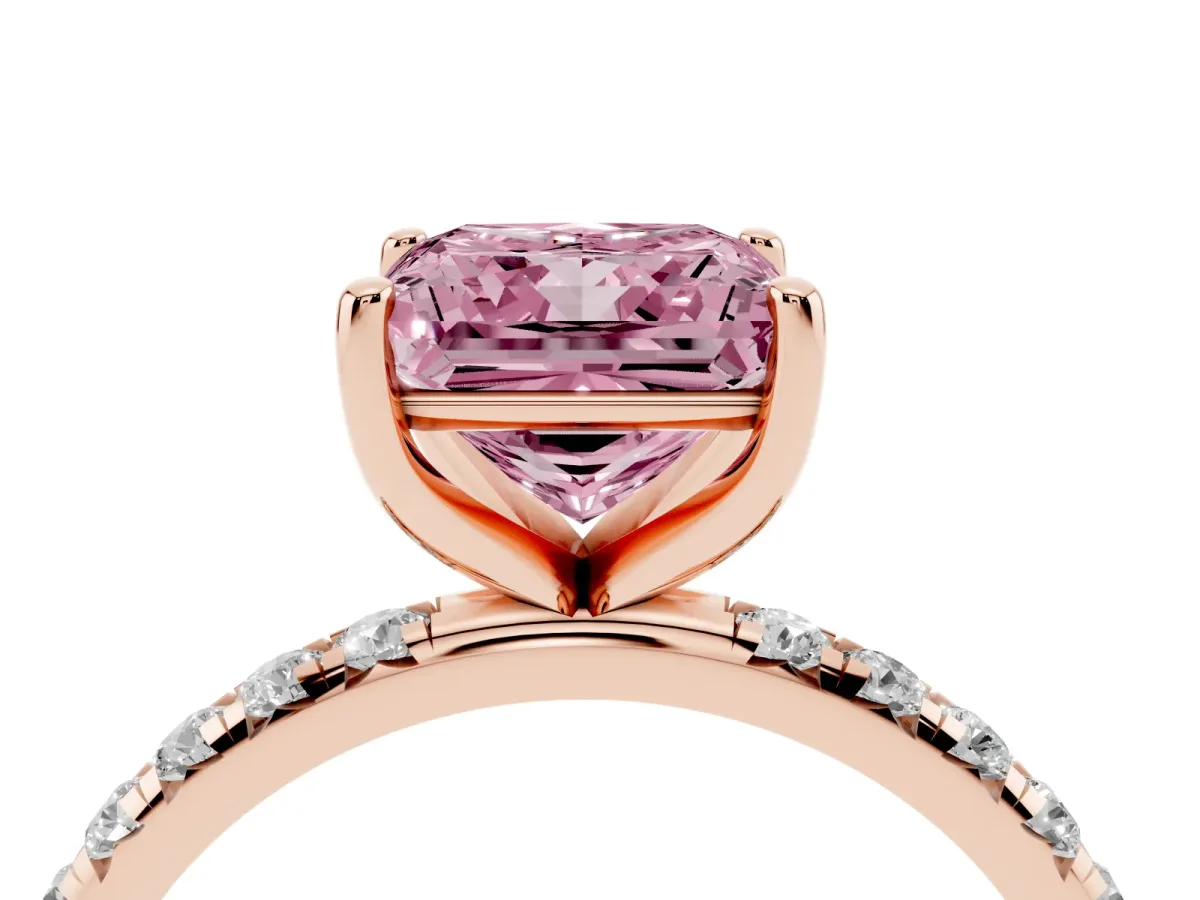 Fancy Pink Princess Cut Cut Diamond Solitaire Ring with Micro Pave Band and Four Prong Setting Rose gold