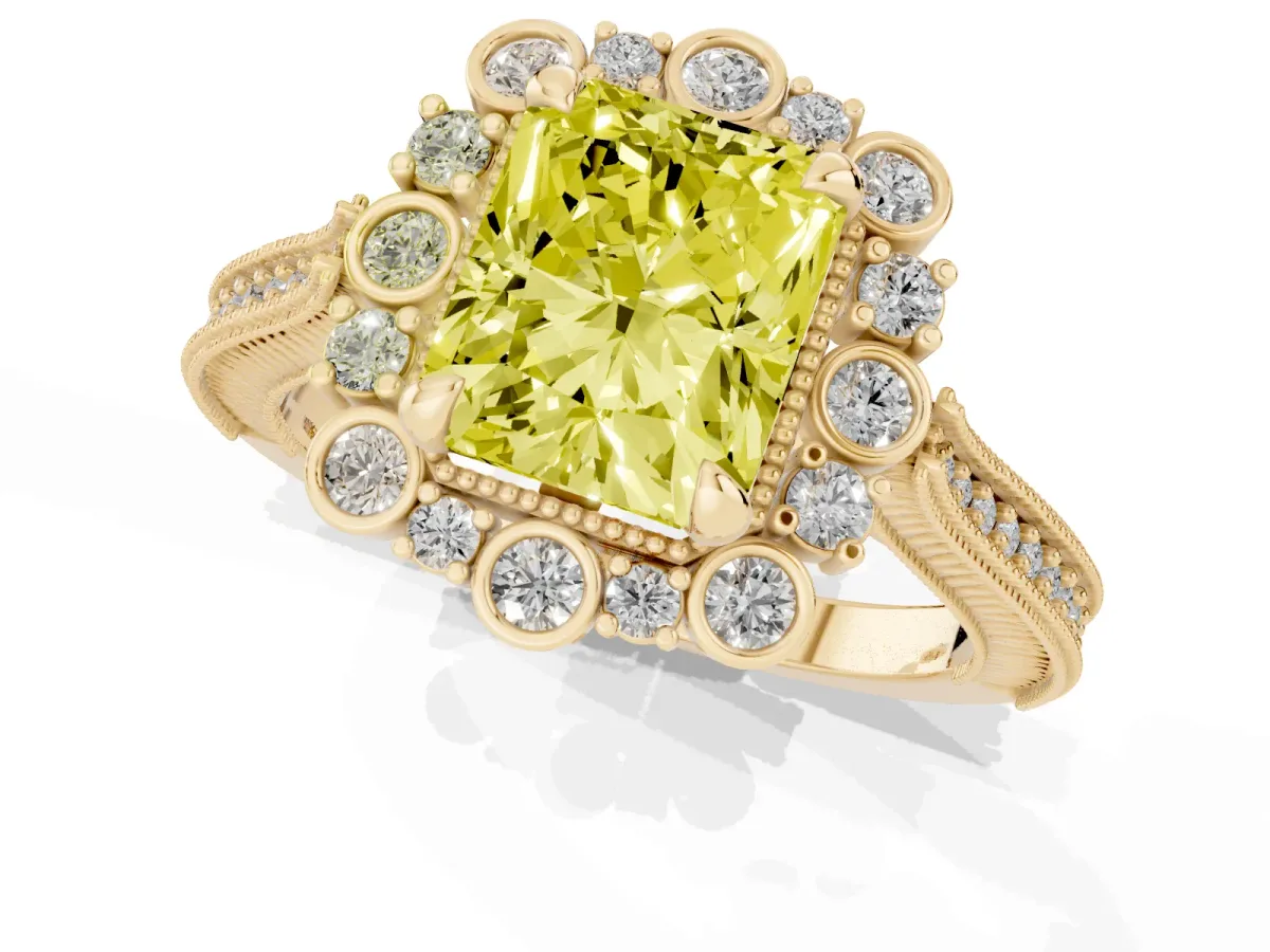 Fancy Yellow Radiant Cut Halo Milgrain Pave Diamond Ring with Four-Prong Setting Yellow gold