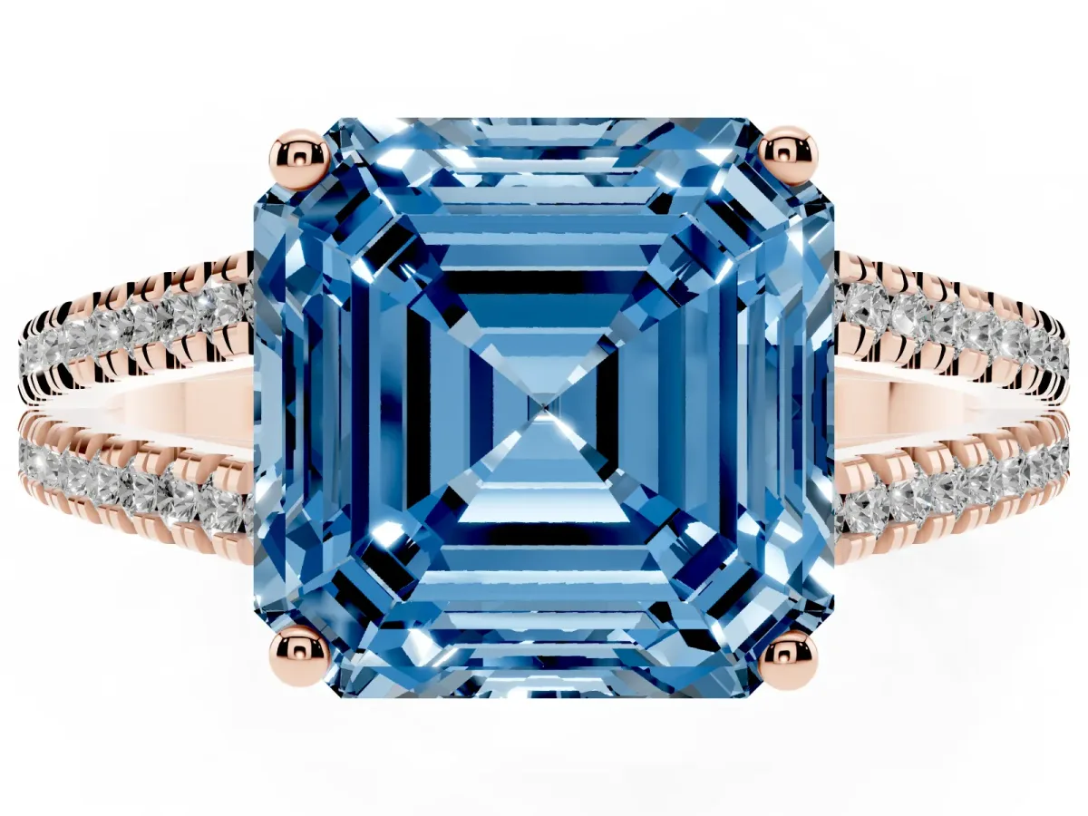 Fancy Blue Asscher Cut Diamond Solitaire Engagement Ring with Split Shank Pavé Band Rose gold