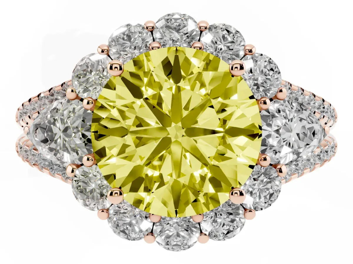 Fancy Yellow Round Cut Halo Split Shank Diamond Engagement Ring with Prong Setting Rose gold