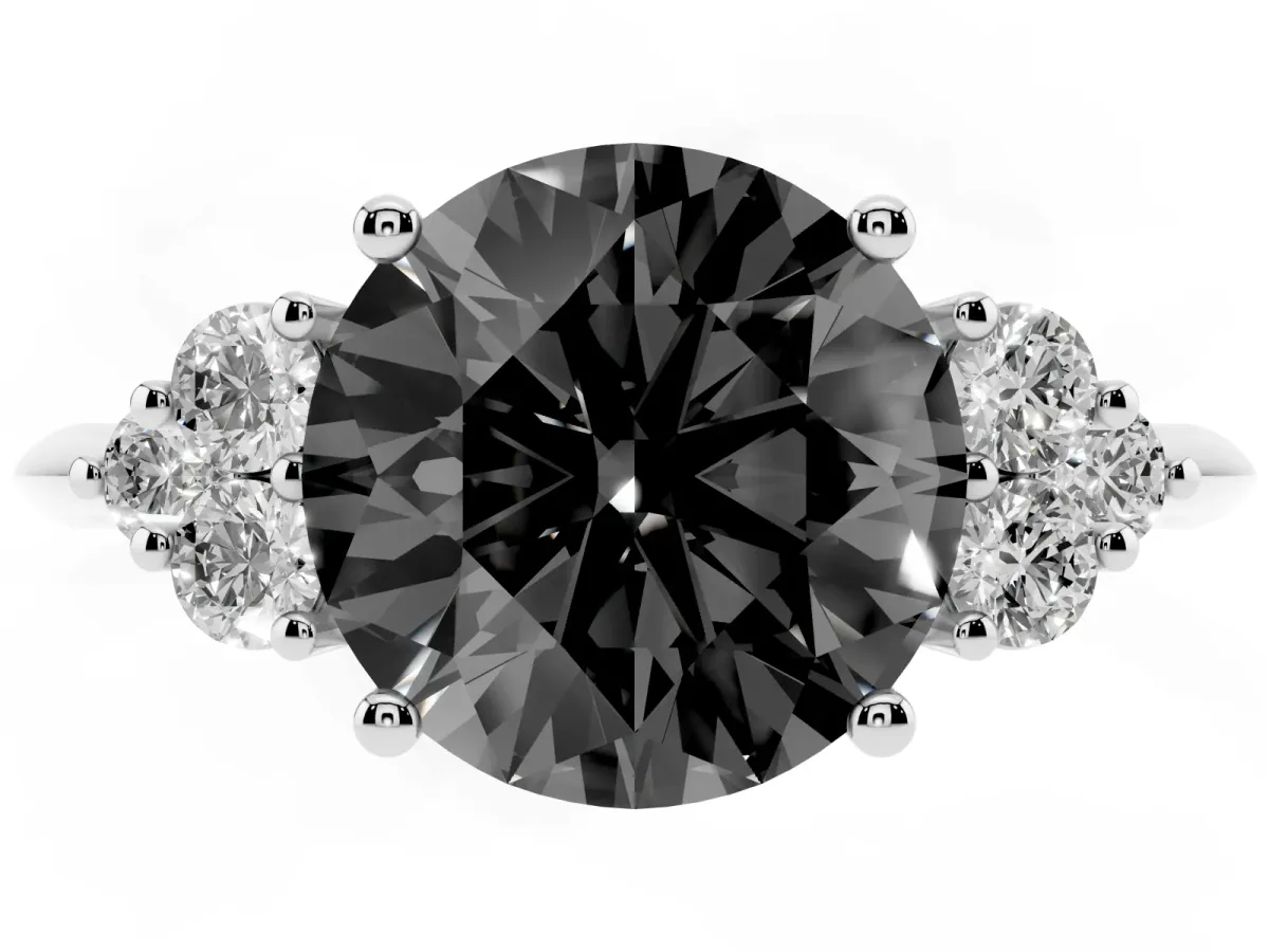 Fancy Black Round Cut Cut Diamond Cluster Ring with Solitaire Band and Four-Prong Setting Silver