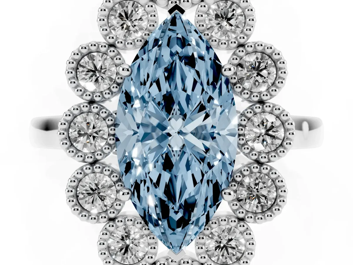 Fancy Blue Marquise Cut Halo Diamond Cluster Engagement Ring with Milgrain Bezel Setting and Solitaire Band Silver