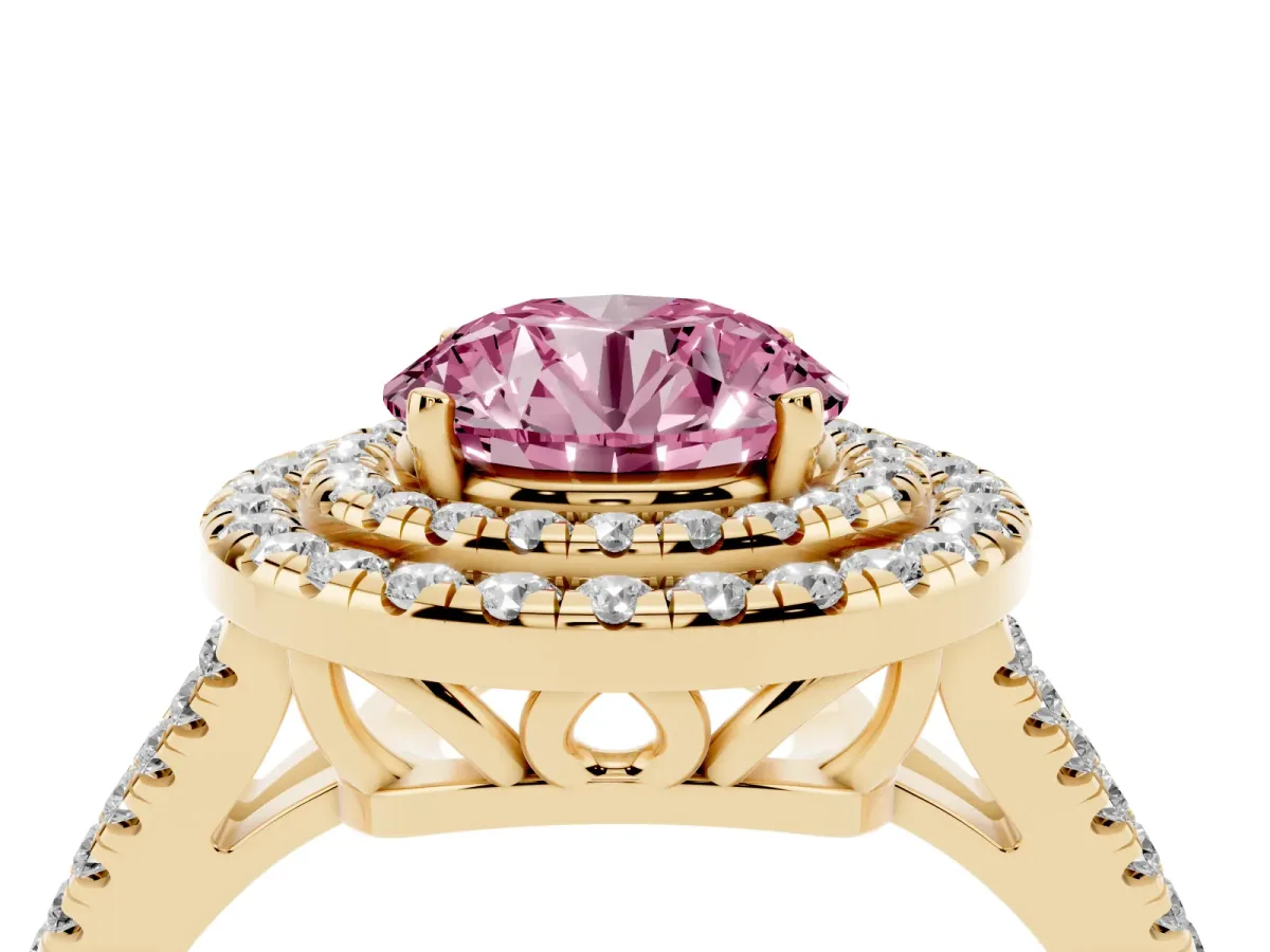 Fancy Pink Round Cut Diamond Double Halo Ring with Pavé Band and Prong Setting Yellow gold