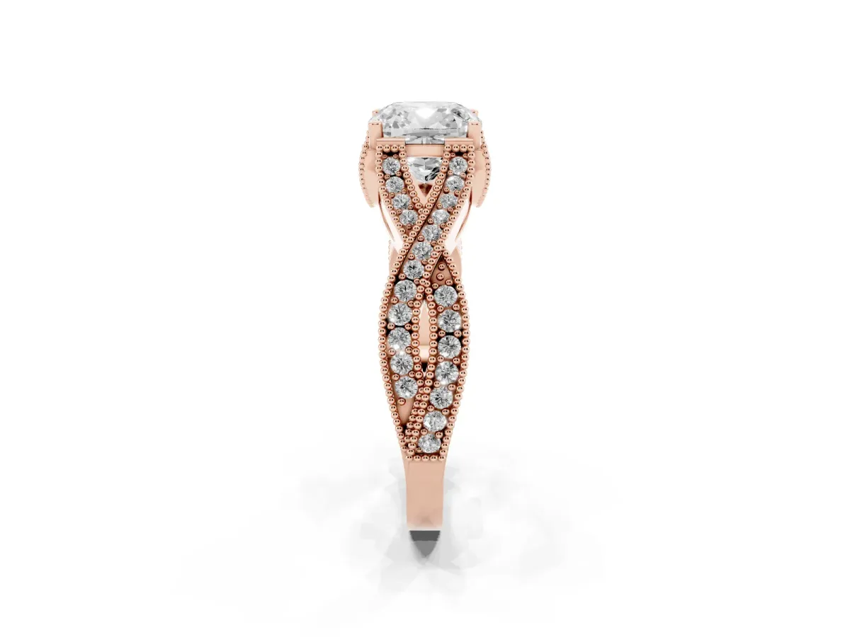 Cushion Cut Cut Diamond Twisted Band with Milgrain Pave Setting and Four-Prong Setting Rose gold