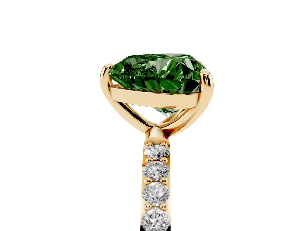 Fancy Green Heart Cut Diamond Solitaire Ring with Round Pavé Band and Prong Setting Yellow gold