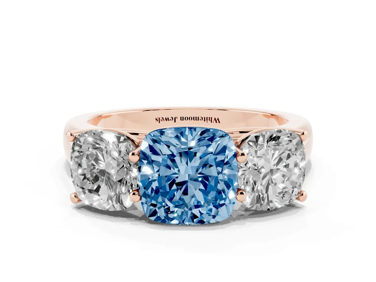 Fancy Blue Cushion Cut Three-Stone Diamond Ring with Prong Setting on a Classic Band Rose gold