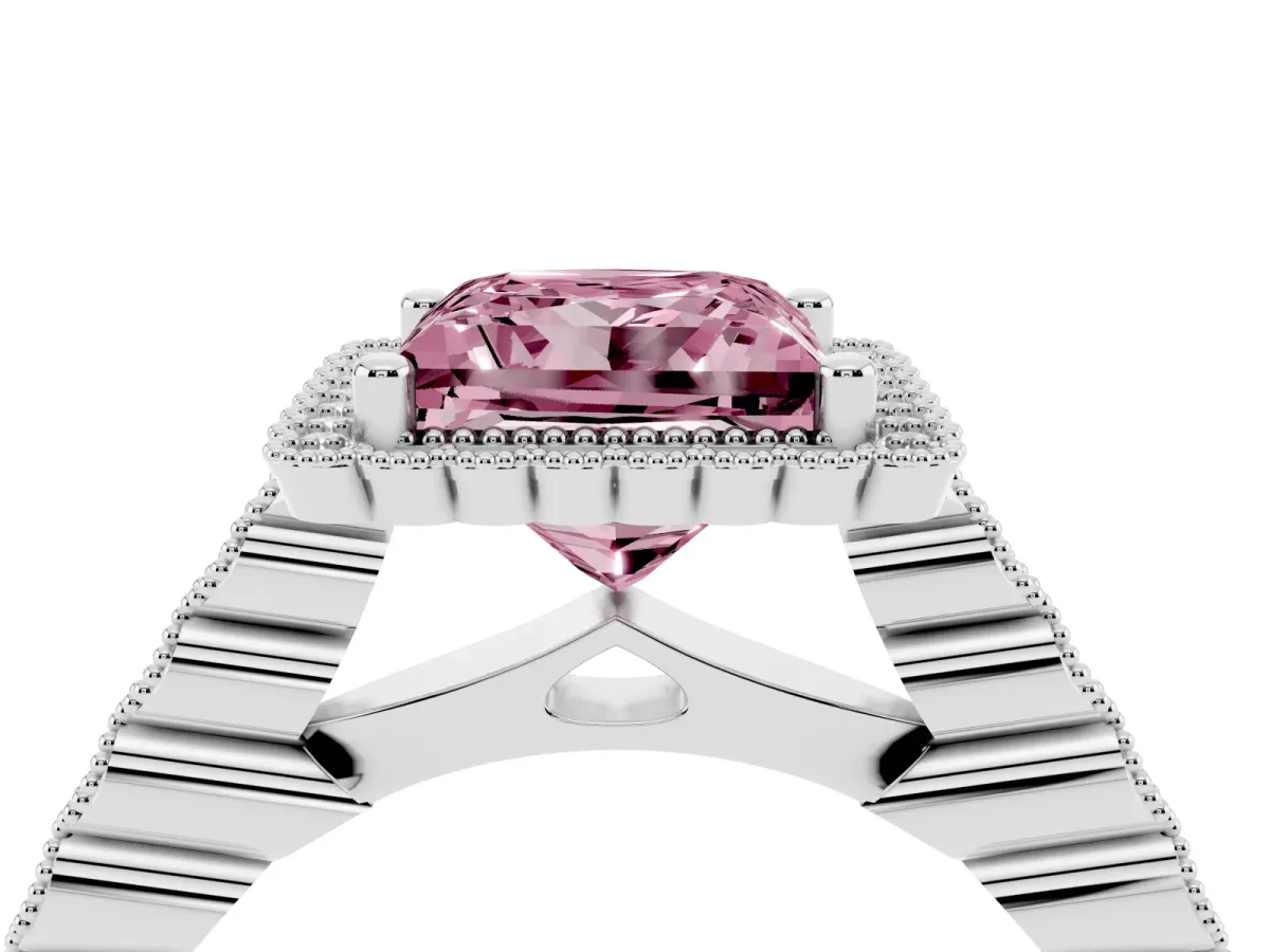 Fancy Pink Princess Cut Cut Halo Pavé Solitaire Ring with Milgrain Band White gold