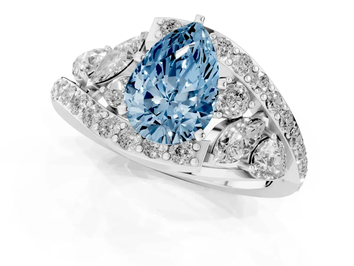 Fancy Blue Pear Cut Diamond Halo Ring with Marquise and Pavé Band in Prong Setting White gold