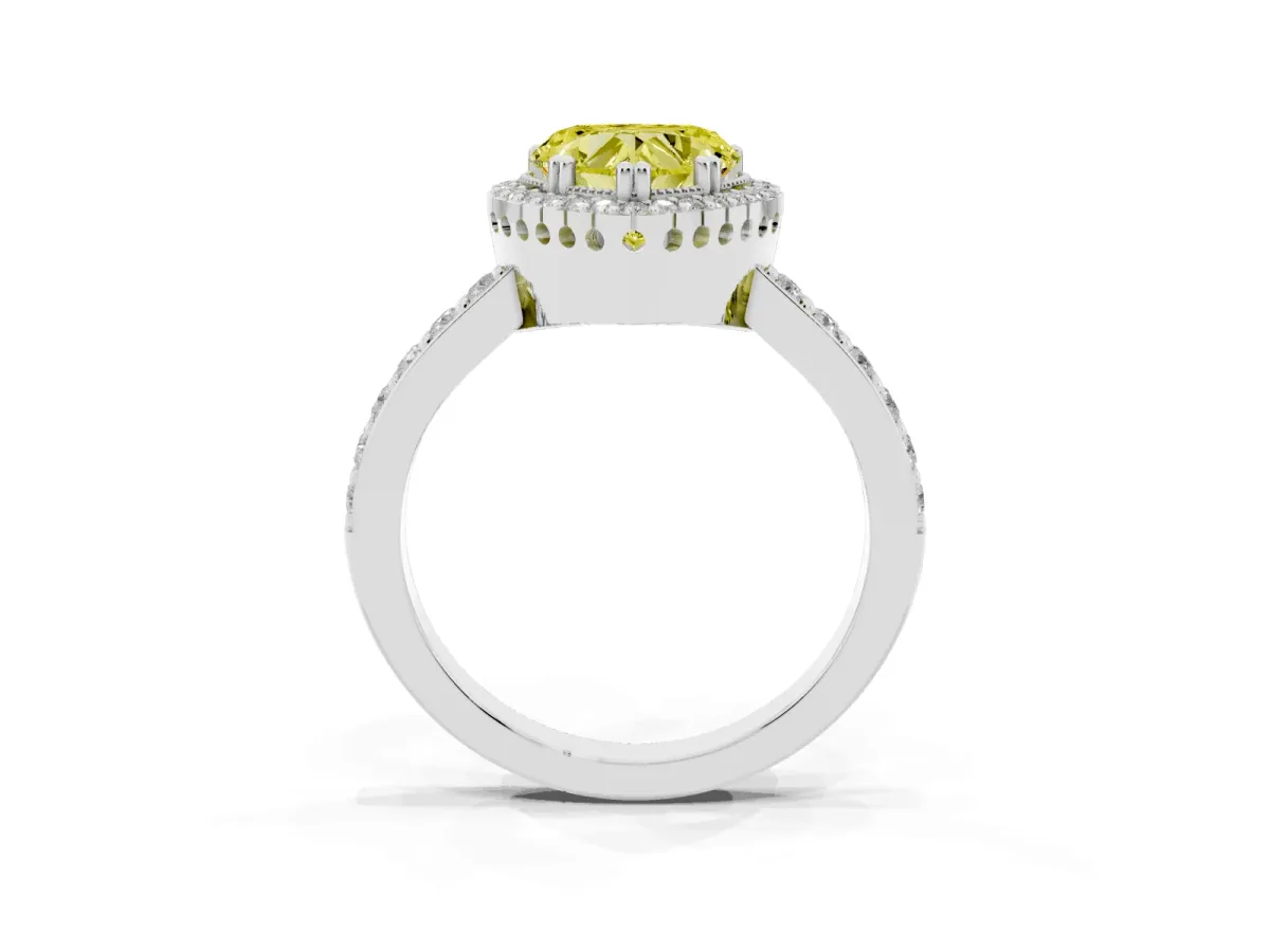 Fancy Yellow Heart Cut Cut Diamond Halo Engagement Ring with Milgrain Detail and Pavé Band Silver