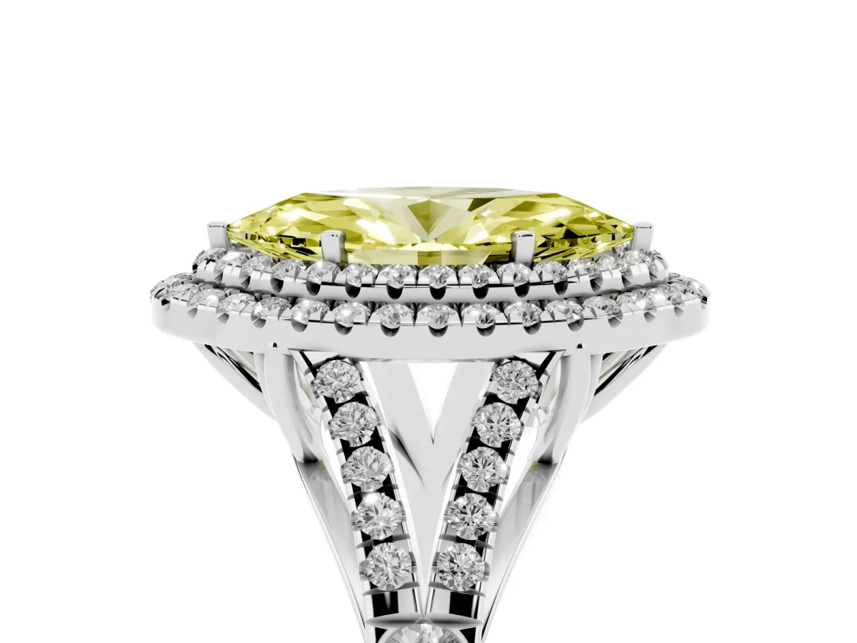 Fancy Yellow Marquise Cut Diamond Pavé Split Shank Double Halo Engagement Ring Silver