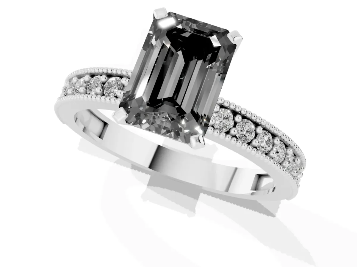 Fancy Black Emerald Cut Diamond Milgrain Pavé Engagement Ring with Four-Prong Setting Silver