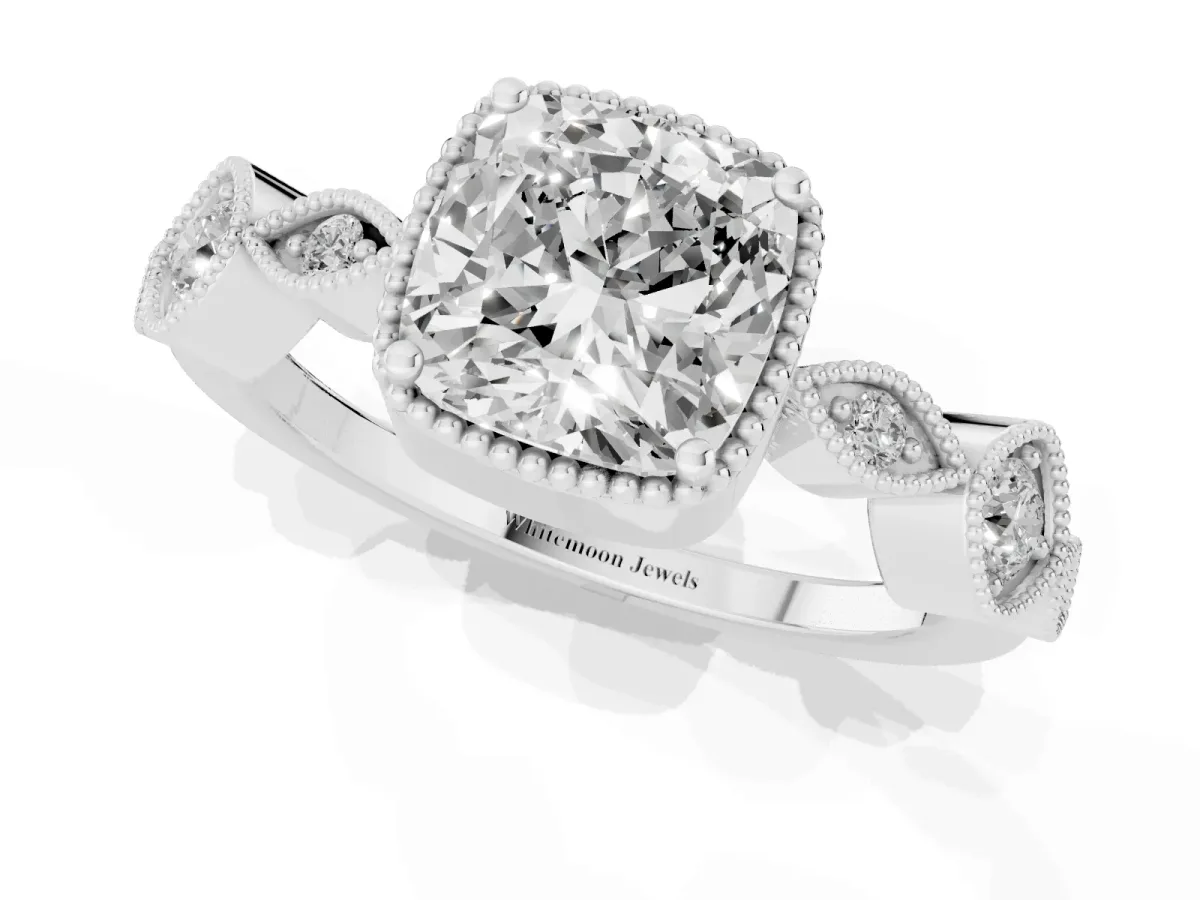 Cushion Cut Diamond Vintage Milgrain Ring with Round Stations Platinum