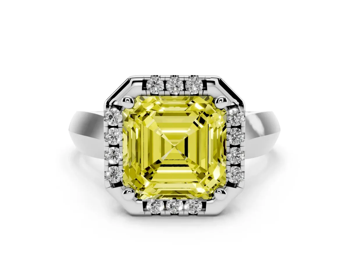 Fancy Yellow Asscher Cut Cut Halo Solitaire Engagement Ring with Square Band and Four-Prong Setting Platinum
