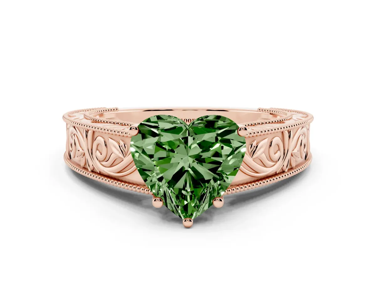 Fancy Green Heart Cut Diamond Solitaire Ring with Engraved Band and Four-Prong Setting Rose gold