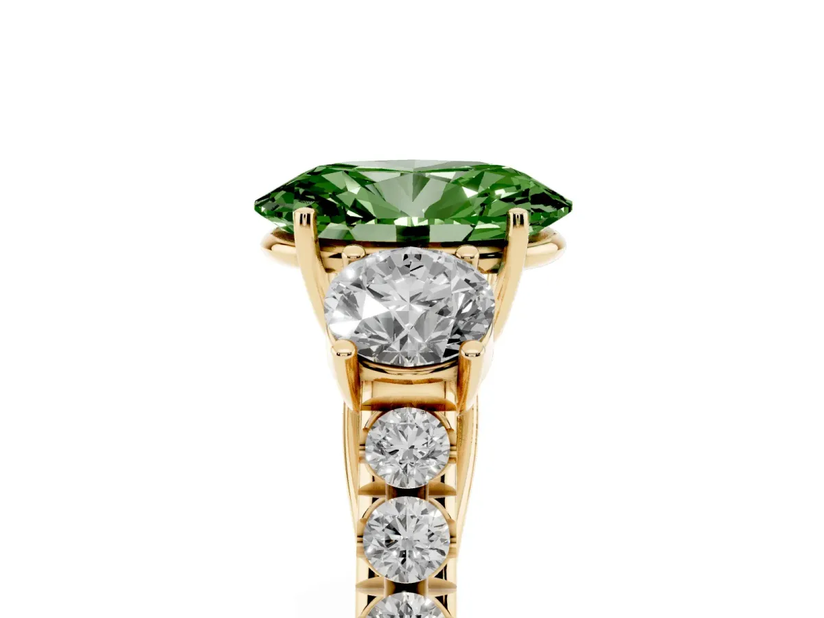 Fancy Green Oval Cut Cut Diamond Three-Stone Ring with Round Side Stones and Pavé Band Yellow gold