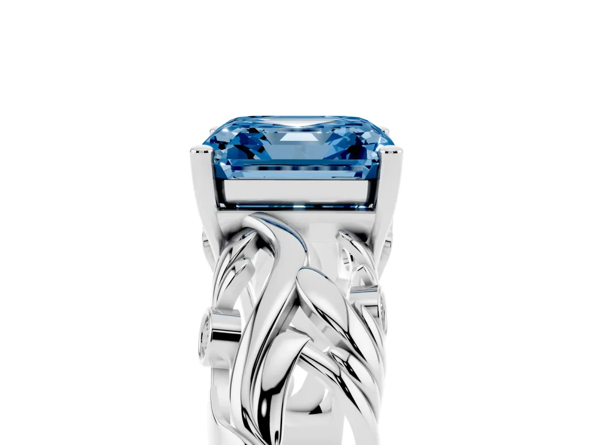 Fancy Blue Asscher Cut Solitaire Diamond Leaf-Inspired Vine Band Ring with Prong Setting Platinum