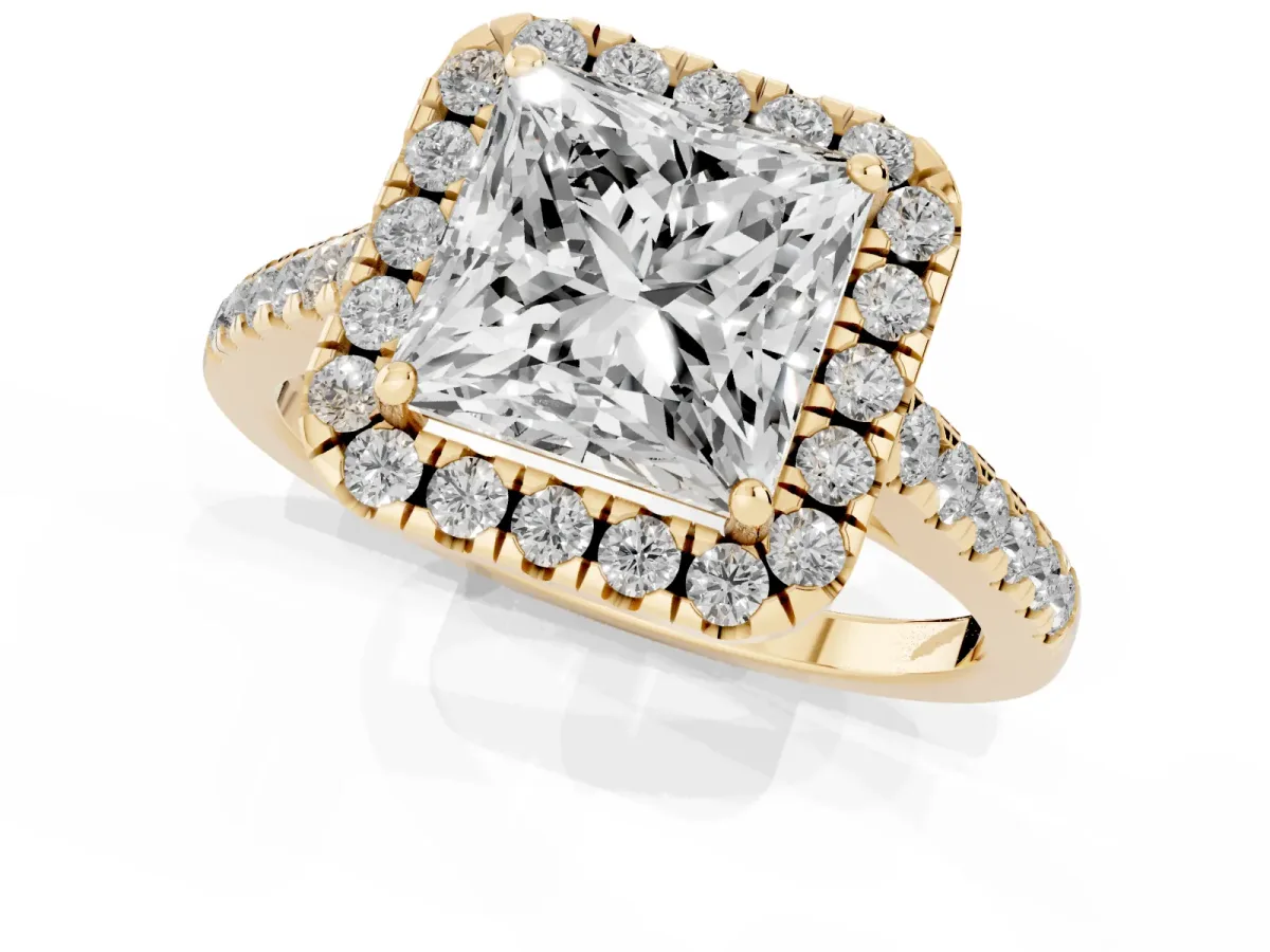Princess Cut Halo Pave Diamond Engagement Ring with Four-Prong Setting Yellow gold