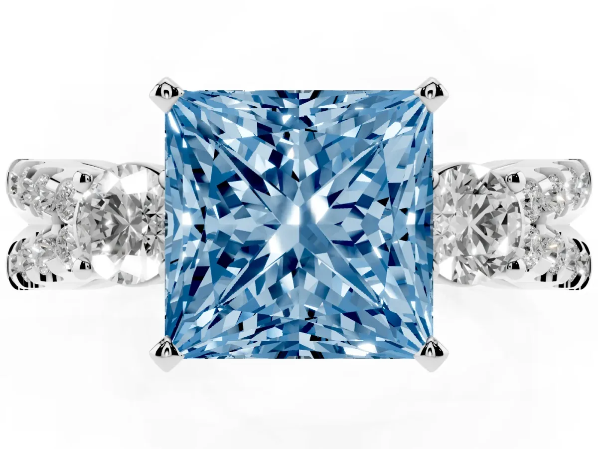 Fancy Blue Princess Cut Diamond Three-Stone Ring with Pavé Split Shank and Four-Prong Setting Silver