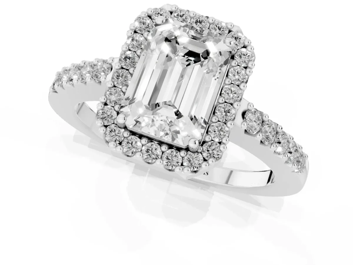 Emerald Cut Halo Diamond Pavé Solitaire Ring Platinum