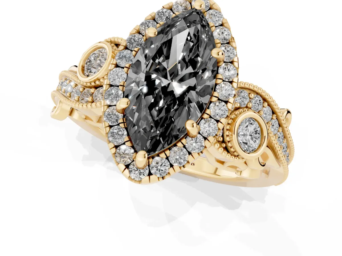 Fancy Black Marquise Cut Halo Diamond Ring with Milgrain and Bezel Accents on a Split Shank Band Yellow gold