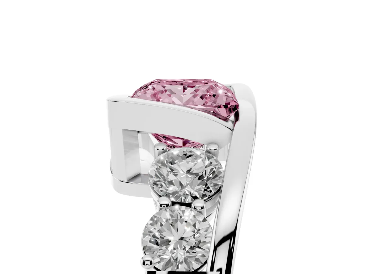 Fancy Pink Bezel Set Princess Cut Diamond Bypass Ring with Round Accents Silver