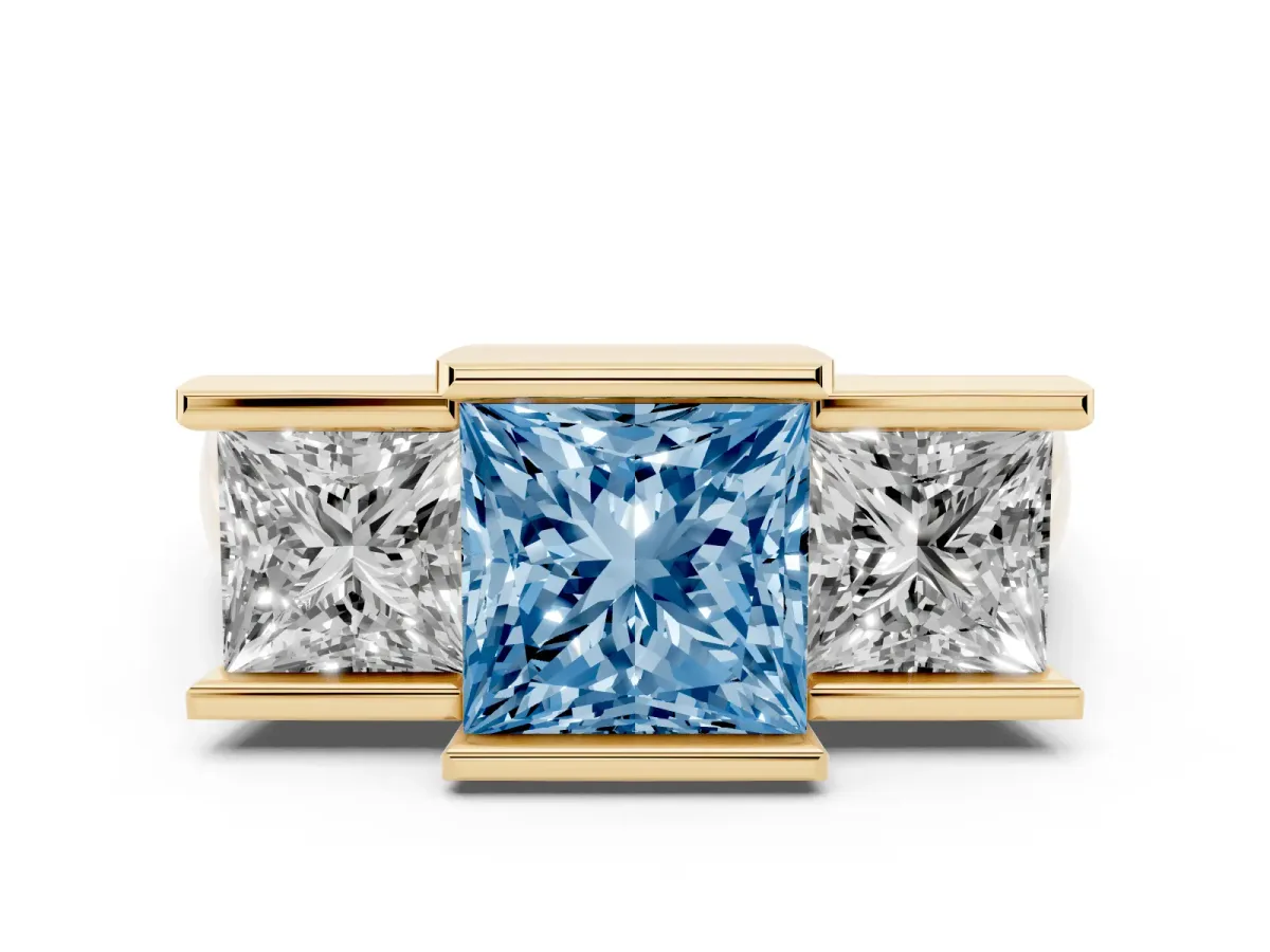 Fancy Blue Three Stone Princess Cut Cut Channel Set Diamond Ring Yellow gold