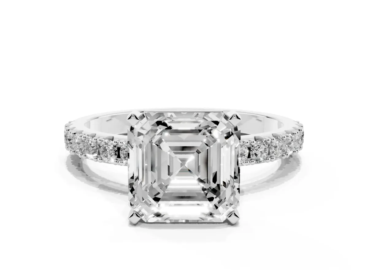 Asscher Cut Diamond Solitaire Pavé Band with Four-Prong Setting Silver
