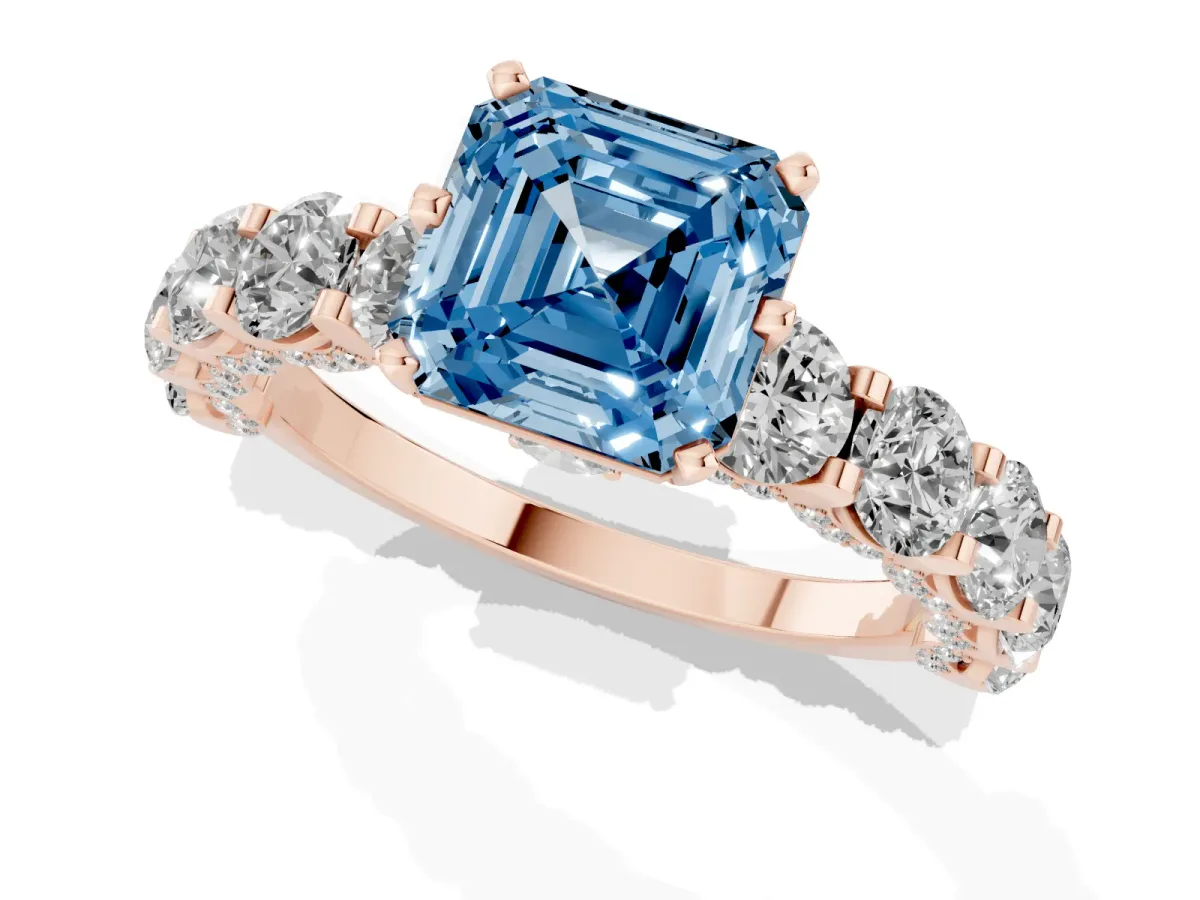 Fancy Blue Asscher Cut Diamond Side Stone Engagement Ring with Four-Prong Setting Rose gold