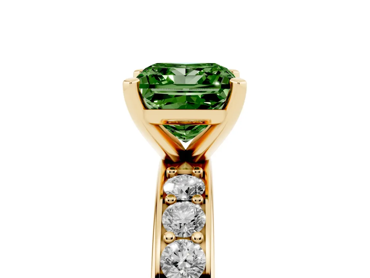 Fancy Green Princess Cut Diamond Engagement Ring with Channel Set Round Band and Prong Setting Yellow gold