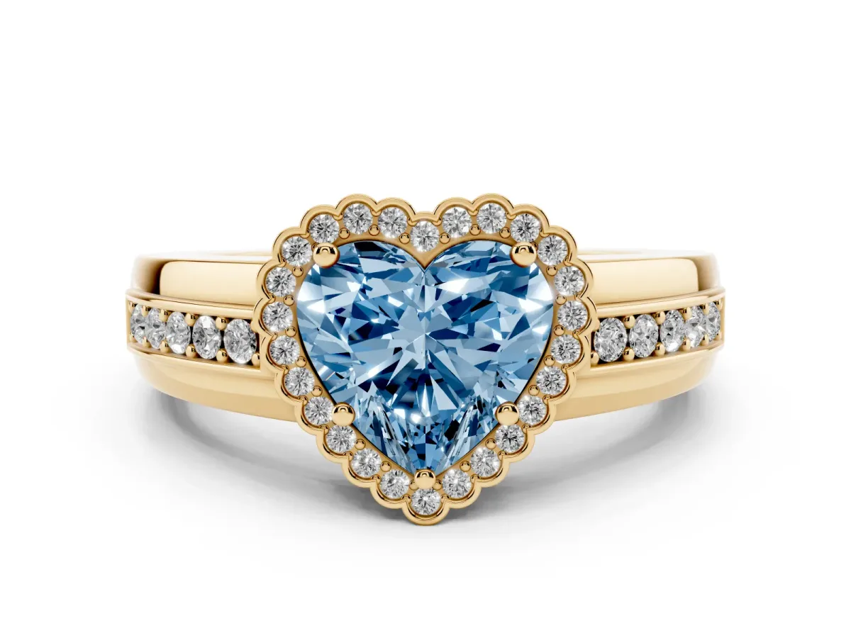 Fancy Blue Heart Cut Cut Halo Pave Band Four-Prong Ring Yellow gold