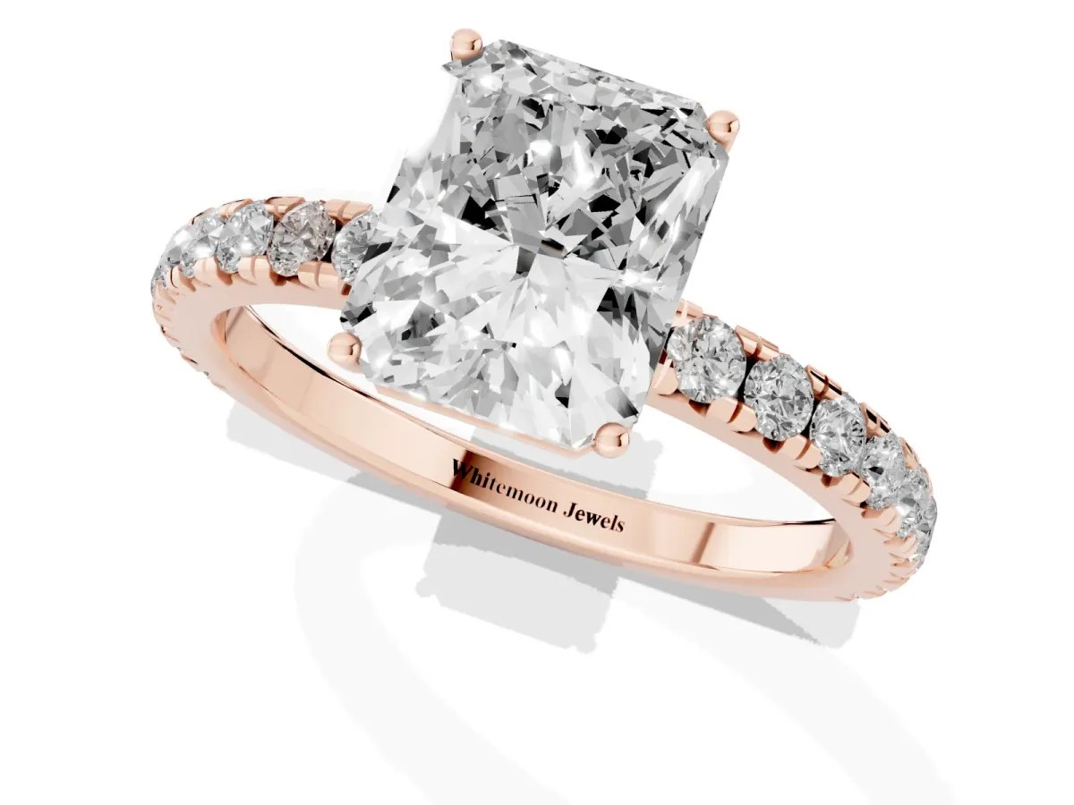 Radiant Cut Diamond Pavé Solitaire Engagement Ring with Four-Prong Setting Rose gold