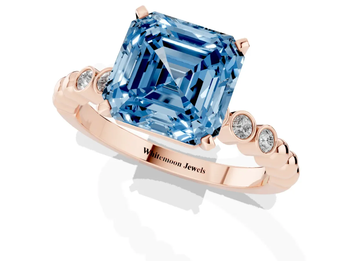 Fancy Blue Asscher Cut Solitaire Bezel Accent Diamond Engagement Ring with Beaded Band and Four-Prong Setting Rose gold