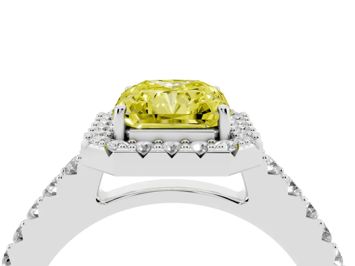 Fancy Yellow Radiant Cut Halo Diamond Pavé Solitaire Ring Platinum
