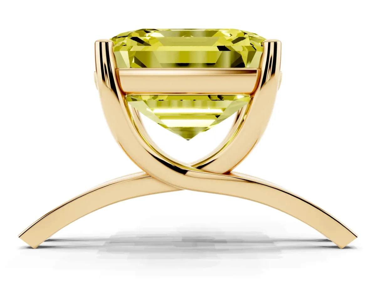 Fancy Yellow Asscher Cut Cut Diamond Solitaire Engagement Ring with Tapered Plain Band and Four-Prong Setting Yellow gold