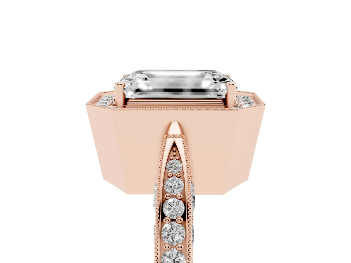 Emerald Cut Halo Diamond Engagement Ring with Split Shank Band and Four-Prong Setting Rose gold