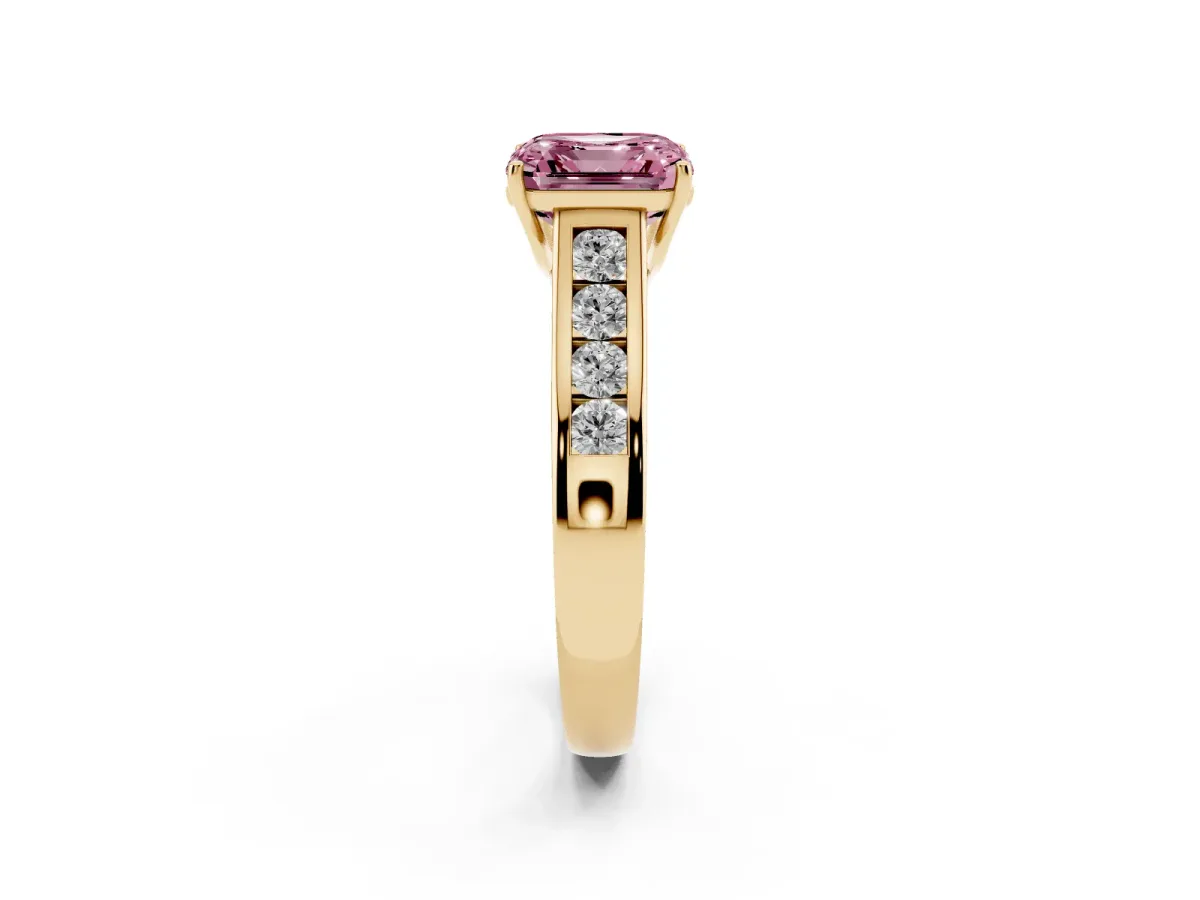 Fancy Pink Asscher Cut Solitaire Channel-Set Diamond Engagement Ring with Four-Prong Setting Yellow gold