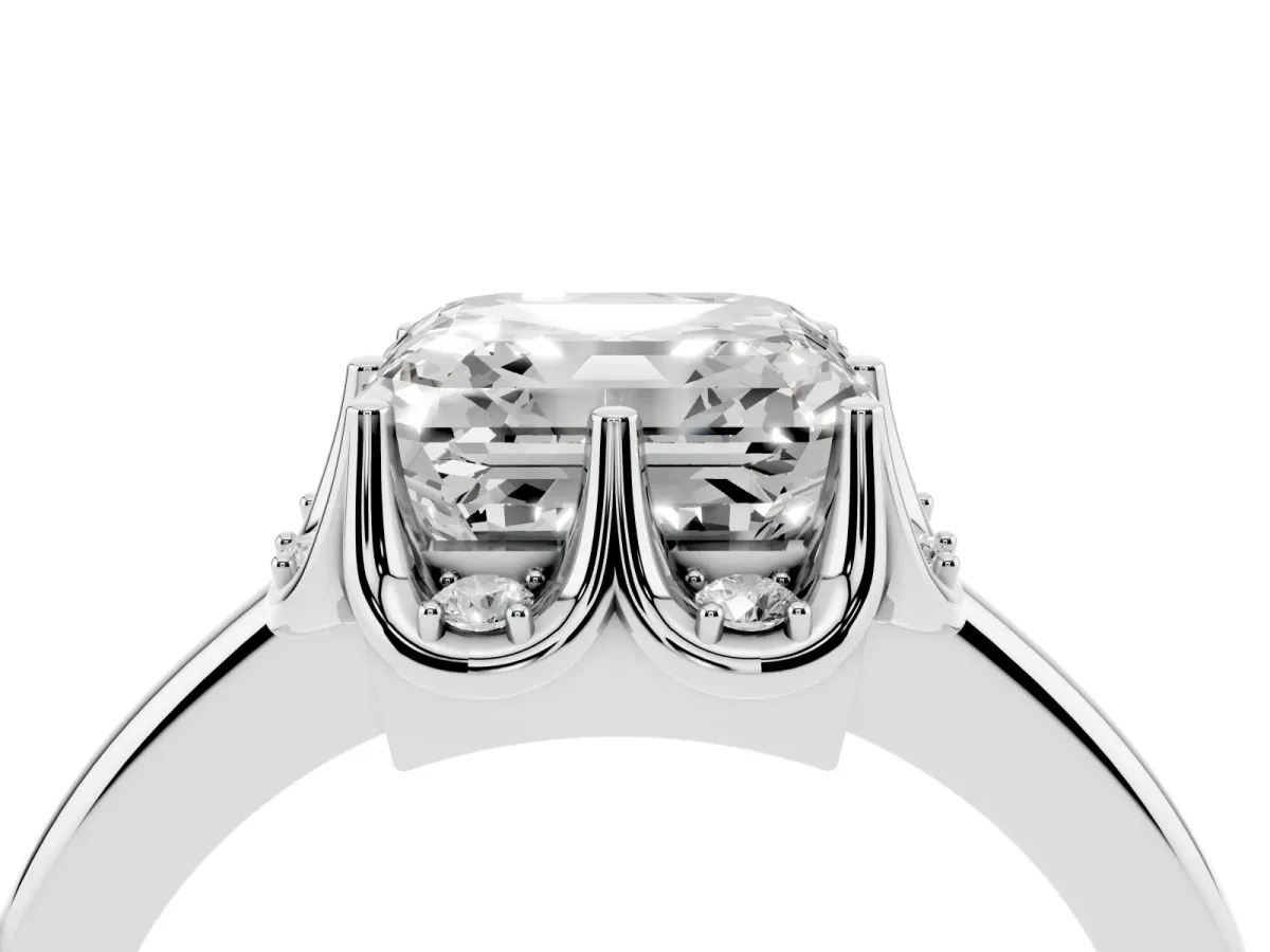 Asscher Cut Halo Diamond Ring with Round Cluster Setting, Solitaire Band, and Four-Prong Setting Silver