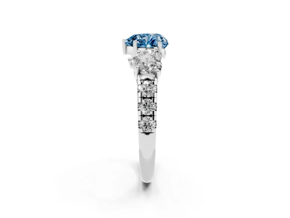 Fancy Blue Three-Stone Heart Cut Diamond Pavé Band with Prong Setting Silver