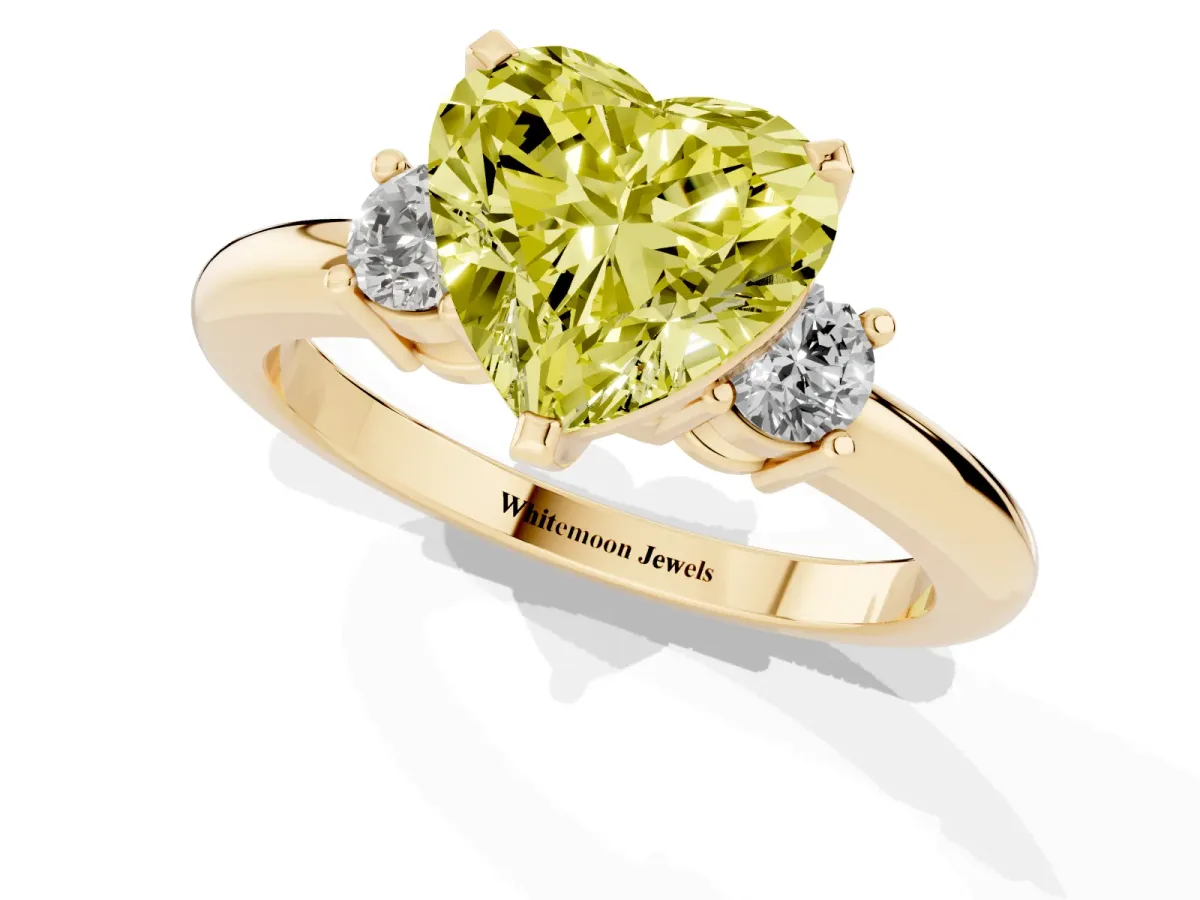 Fancy Yellow Three-Stone Heart Cut Cut Diamond Solitaire with Prong Setting and Classic Band Yellow gold