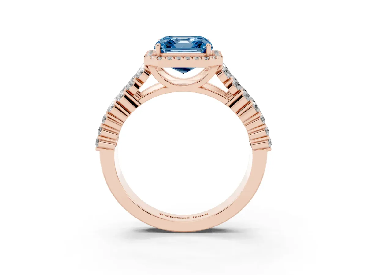 Fancy Blue Asscher Cut Diamond Halo Engagement Ring with Triple Row Round Pavé Band and Prong Setting Rose gold