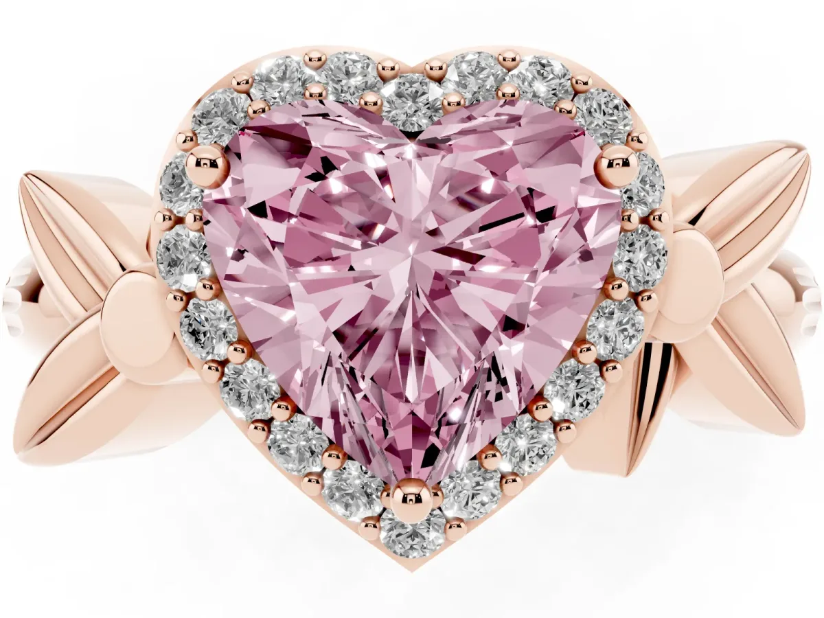 Fancy Pink Heart Cut Halo Diamond Floral Band with Four-Prong Setting Rose gold
