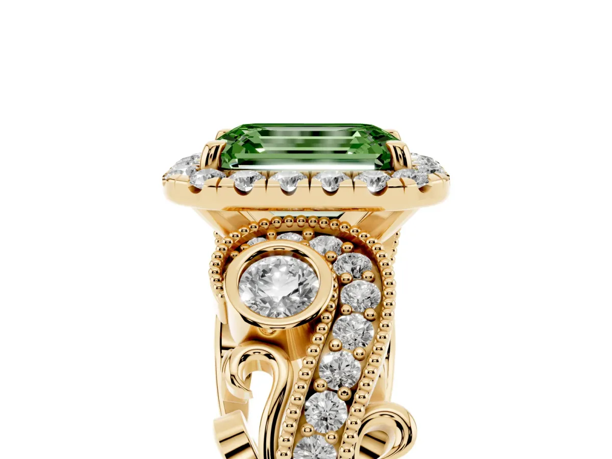 Fancy Green Emerald Cut Diamond Halo Ring with Milgrain Pavé Band and Four-Prong Setting Yellow gold