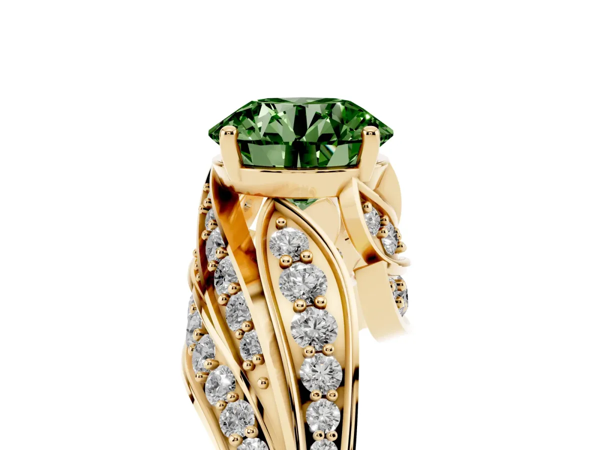 Fancy Green Round Cut Diamond Solitaire Ring with Prong Setting and Twisted Pavé Band Yellow gold