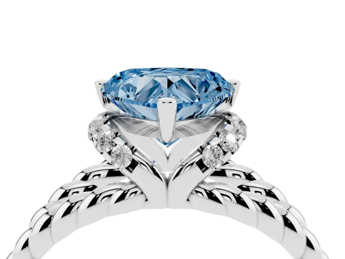 Fancy Blue Heart Cut Halo Twisted Band Four-Prong Ring Silver