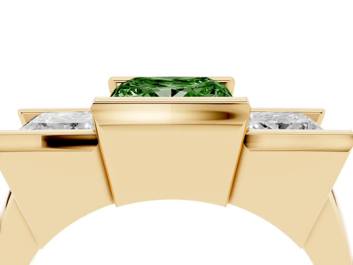 Fancy Green Three Stone Princess Cut Cut Channel Set Diamond Ring Yellow gold