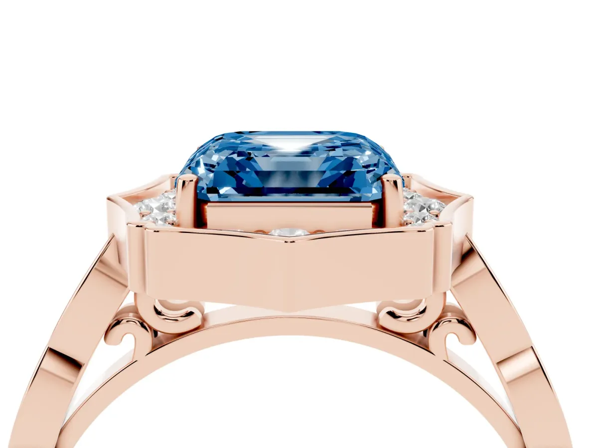Fancy Blue Asscher Cut Halo Diamond Engagement Ring with Milgrain Band and Four-Prong Setting Rose gold
