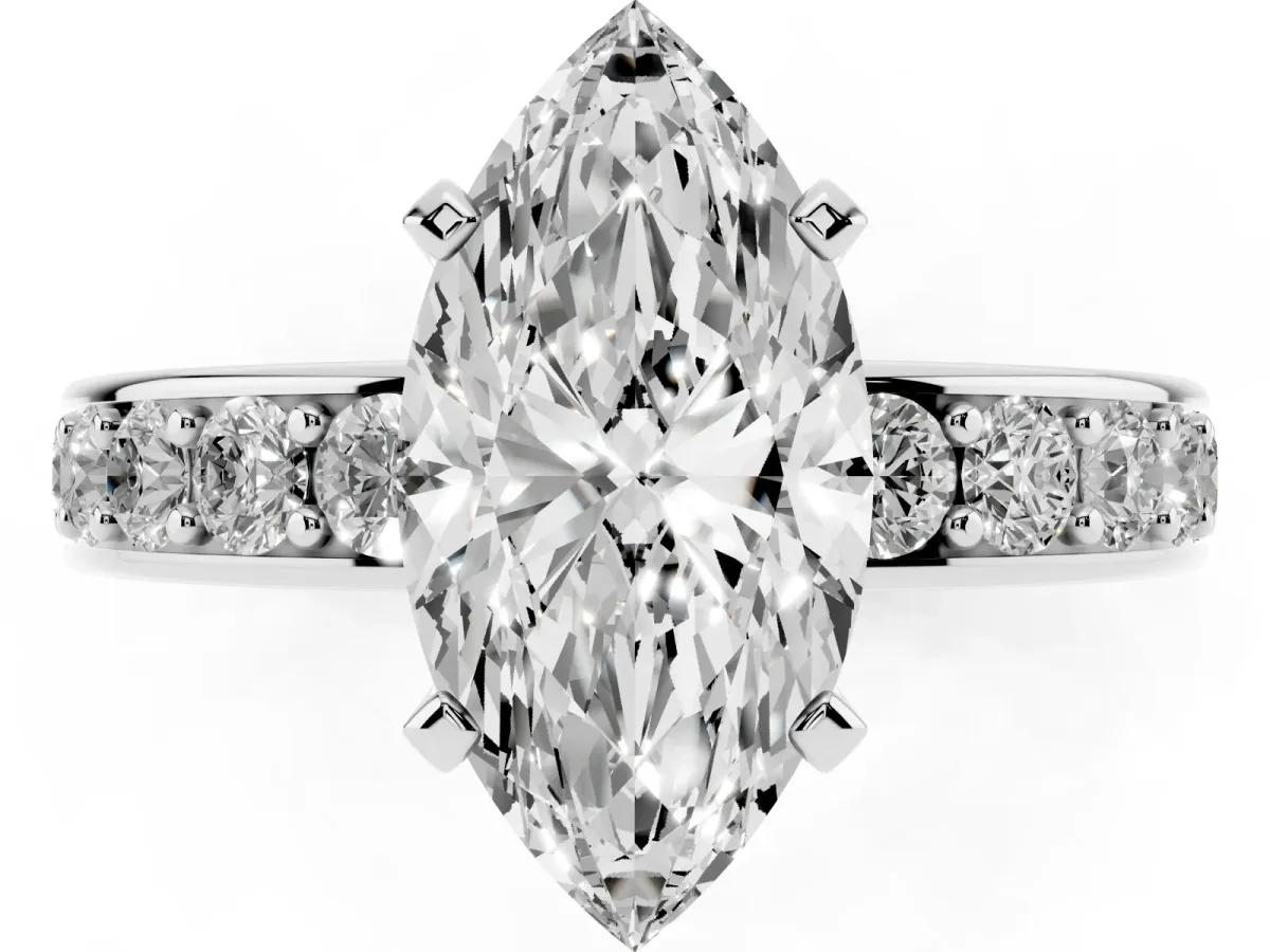 Marquise Cut Diamond Engagement Ring with Channel Set Round Band and Prong Setting Silver