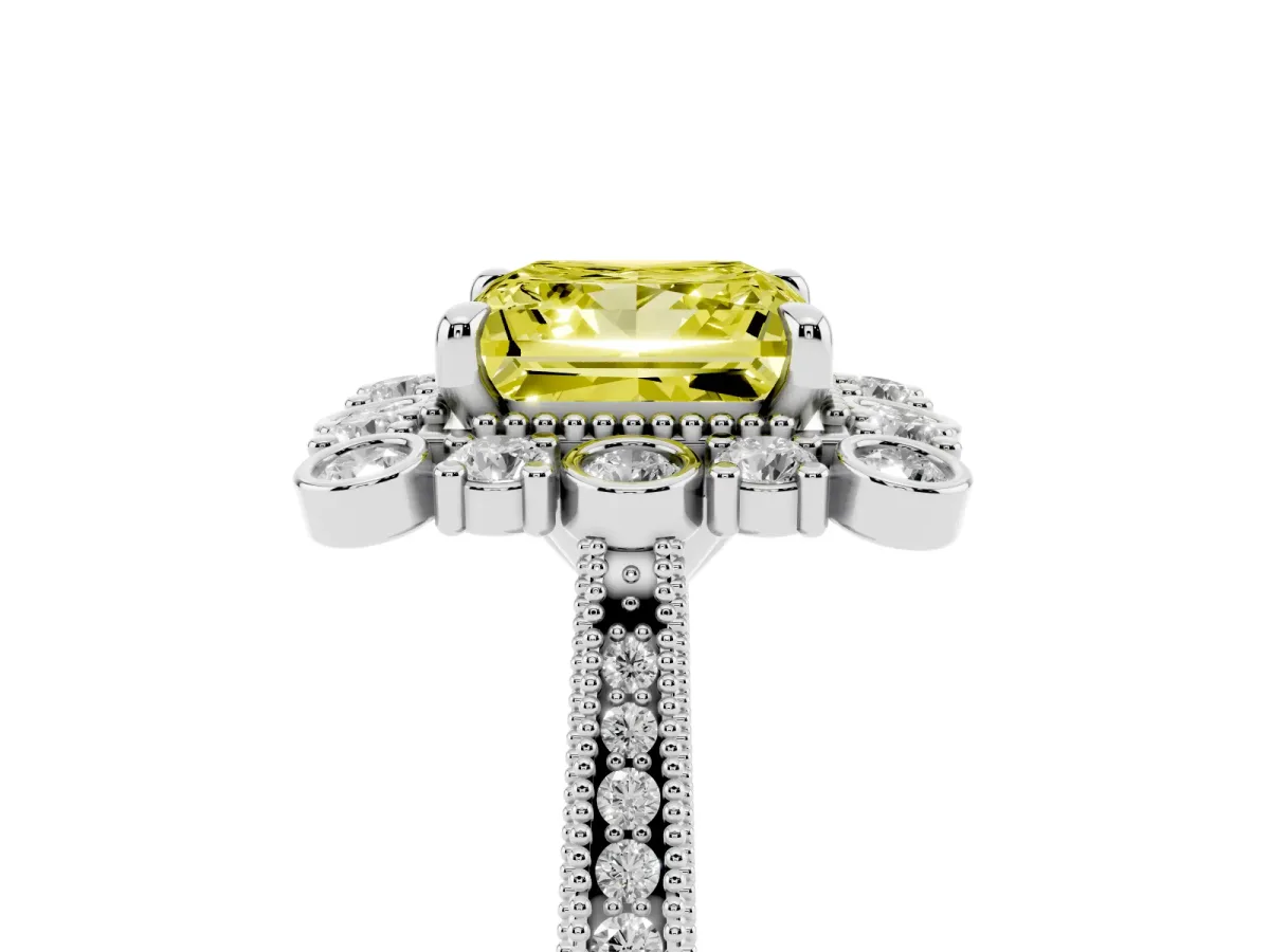 Fancy Yellow Princess Cut Halo Milgrain Pave Diamond Ring with Four-Prong Setting Platinum