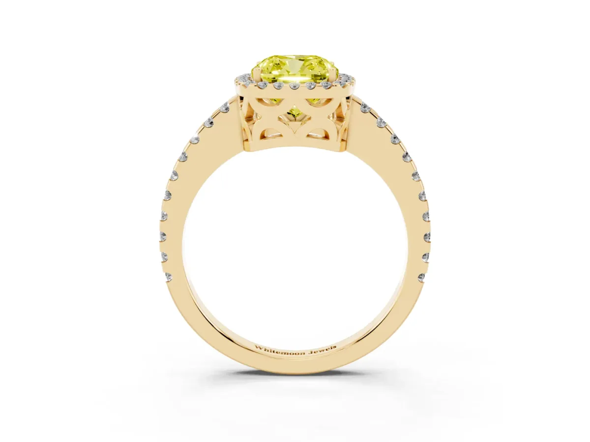 Fancy Yellow Cushion Cut Diamond Halo Engagement Ring with Pavé Band and Prong Setting Yellow gold